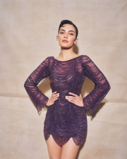 Alluring Pratibha Ranta Legs in a Purple Beaded Scallop Hem Sheer Mini Dress Photos 10
