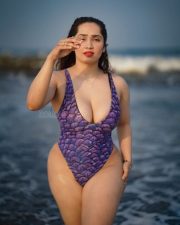 Bigg Boss Contestant Aditi Mistry in a Purple Mermaid Scale Printed One Piece Swimsuit Hot Photos 01