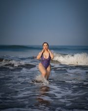 Bigg Boss Contestant Aditi Mistry in a Purple Mermaid Scale Printed One Piece Swimsuit Hot Photos 06
