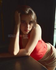 Captivating Actress Nuveksha in a Red Crop Top Beige Shorts Photos 04