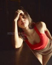 Captivating Actress Nuveksha in a Red Crop Top Beige Shorts Photos 06