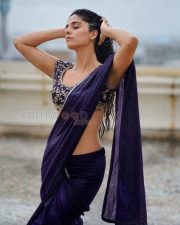 Magnetic Rose Sardana Back in a Deep Violet Silk Saree Gold Zardozi Open Back Blouse Photos 07