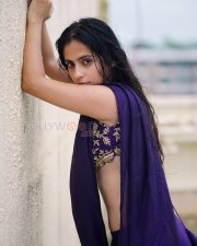 Magnetic Rose Sardana Back in a Deep Violet Silk Saree Gold Zardozi Open Back Blouse Photos 09