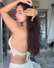 Sensuous Rose Sardana Cleavage in a White Crochet Halter Bralette Photos 01