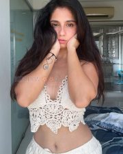 Sensuous Rose Sardana Cleavage in a White Crochet Halter Bralette Photos 03
