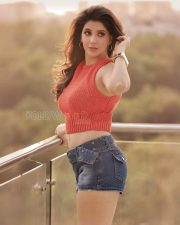 Stylish Actress Aarna Vohra in a Coral Knit Crop Top and Denim Shorts Photos 06