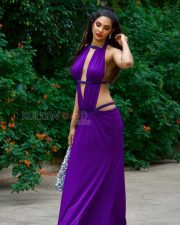 Daring Manmeet Kaur Virk Cleavage in a Purple Halterneck Deep V Cutout Draped Dress Photos 09