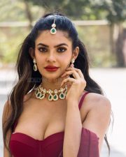 Fashionable Actress Manmeet Kaur in a Maroon Crop Top and White Pleated Skirt Photos 04