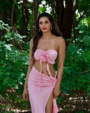 Stunning Actress Manmeet Kaur Virk in a Pink Strapless Bandeau High Slit Ruffle Skirt Photos 01