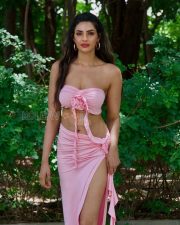 Stunning Actress Manmeet Kaur Virk in a Pink Strapless Bandeau High Slit Ruffle Skirt Photos 02