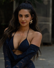 Sultry Manmeet Kaur Virk Cleavage in a Navy Blue Lace Bralette And Sheer Robe Photos 01