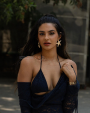 Sultry Manmeet Kaur Virk Cleavage in a Navy Blue Lace Bralette And Sheer Robe Photos 02