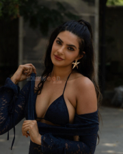 Sultry Manmeet Kaur Virk Cleavage in a Navy Blue Lace Bralette And Sheer Robe Photos 03