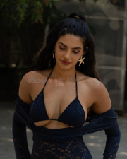 Sultry Manmeet Kaur Virk Cleavage in a Navy Blue Lace Bralette And Sheer Robe Photos 05