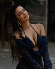 Sultry Manmeet Kaur Virk Cleavage in a Navy Blue Lace Bralette And Sheer Robe Photos 06