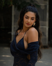 Sultry Manmeet Kaur Virk Cleavage in a Navy Blue Lace Bralette And Sheer Robe Photos 07