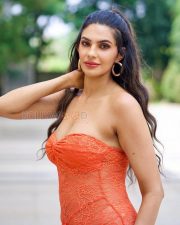 Tempting Manmeet Kaur Virk Cleavage in a Orange Lace Strapless Bodycon Dress Photos 03