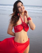 Dazzling Actress Shubhi Joshi in a Red Halter Neck Rose Accent Swimsuit Photos 03