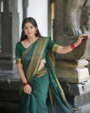 Elegant Actress Aadhya Prasad in a Green Silk Saree with Gold Border Photos 03