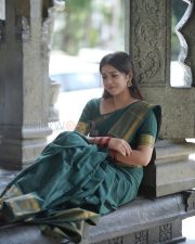 Elegant Actress Aadhya Prasad in a Green Silk Saree with Gold Border Photos 05