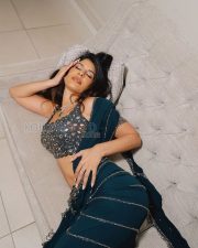 Glamorous Actress Jasmin Walia in a Teal Embellished Saree with Jeweled Bandeau Blouse Photos 02