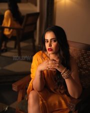 Smoldering Actress Shruti Prakash in a Mustard Yellow High Neck Midi Dress Photos 02