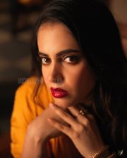 Smoldering Actress Shruti Prakash in a Mustard Yellow High Neck Midi Dress Photos 03