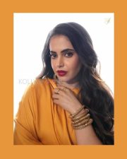Smoldering Actress Shruti Prakash in a Mustard Yellow High Neck Midi Dress Photos 05