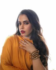 Smoldering Actress Shruti Prakash in a Mustard Yellow High Neck Midi Dress Photos 07