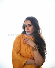 Smoldering Actress Shruti Prakash in a Mustard Yellow High Neck Midi Dress Photos 08