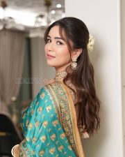 Elegant Actress Sara Tendulkar in a Teal Embroidered Silk Saree Photos 01