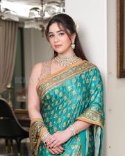 Elegant Actress Sara Tendulkar in a Teal Embroidered Silk Saree Photos 02