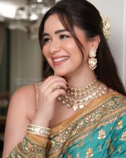 Elegant Actress Sara Tendulkar in a Teal Embroidered Silk Saree Photos 03