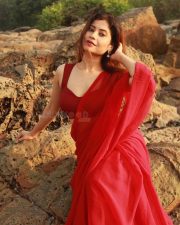 Enchanting Actress Rosyy Satpathyy in a Red Drape Outfit Photos 02