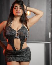 Seductive Dipshikha Roy Cleavage in a Grey Metallic Halter Cutout Crop Top Grey Mini Skirt Photos 01