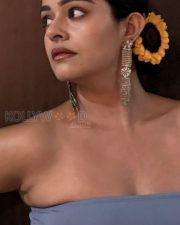 Sexy Apoorva Arora in a Strapless Off Shoulder Blue Ruffle Trim Bodycon Dress Photos 02
