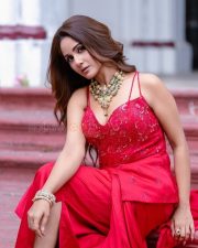 Bewitching Cleavage Trina Saha in a Red Sequin Embroidered Spaghetti Strap Gown with Deep V Neck Photos 02 Bewitching Cleavage Trina Saha in a Red Sequin Embroidered Spaghetti Strap Gown with Deep V Neck Photos 02