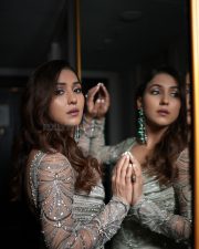 Dazzling Singer Neeti Mohan in a Light Grey Long Sleeved Beaded Gown with a Deep V Neckline Pictures 01