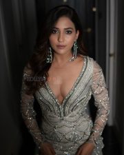 Dazzling Singer Neeti Mohan in a Light Grey Long Sleeved Beaded Gown with a Deep V Neckline Pictures 02