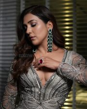 Dazzling Singer Neeti Mohan in a Light Grey Long Sleeved Beaded Gown with a Deep V Neckline Pictures 07